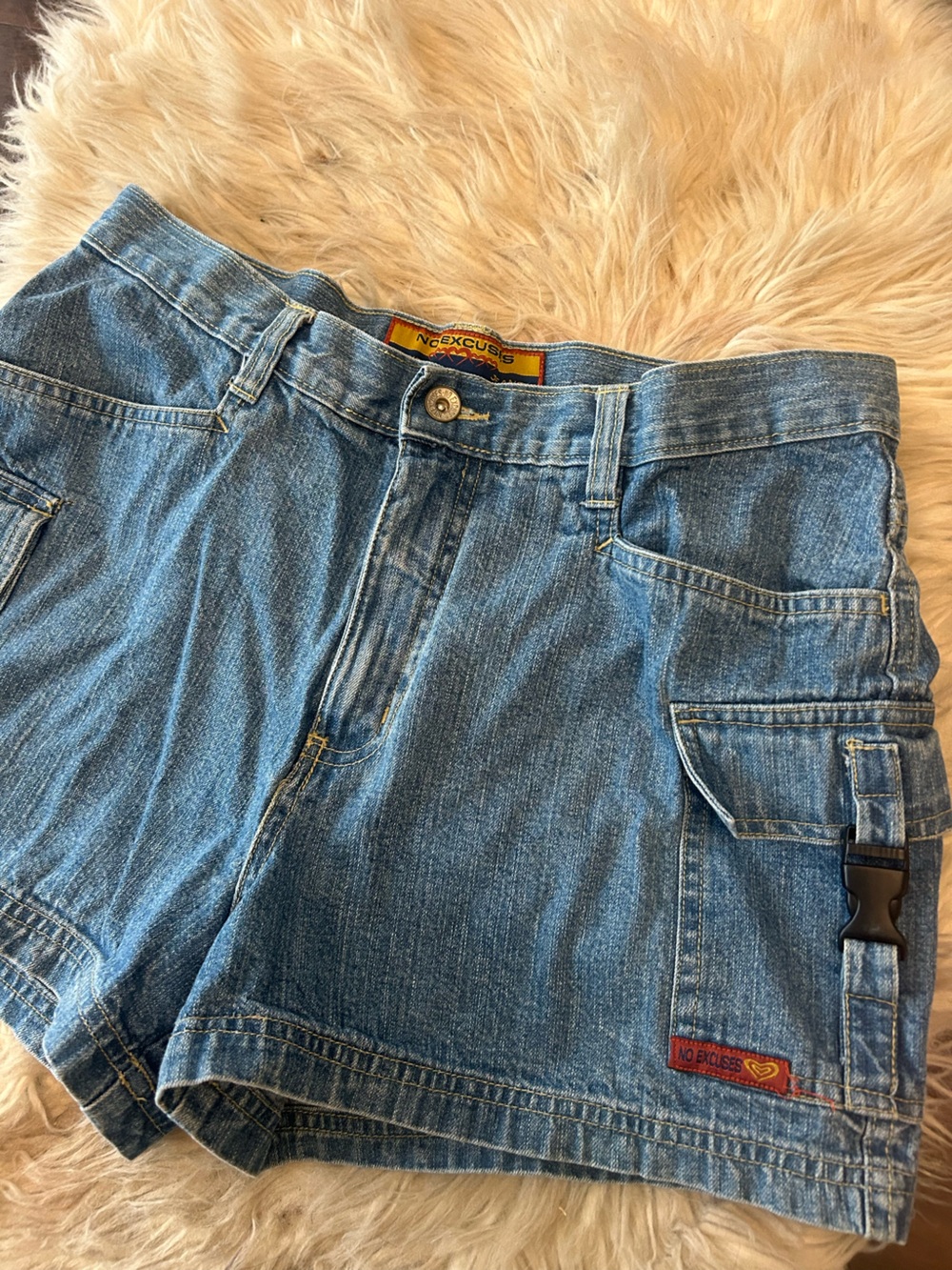 NO EXCUSES Vintage Y2K Buckle Cargo Denim Shorts